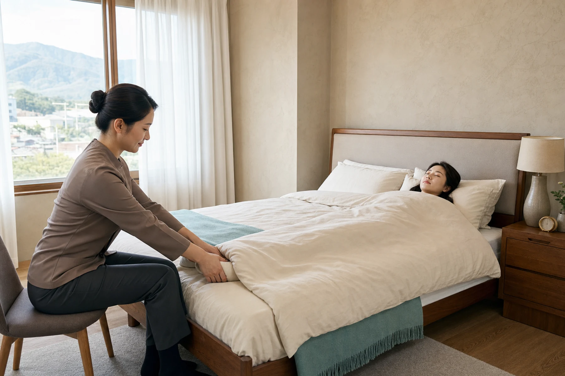 포천테라피의 전문복 차림 20대 한국인 성인 여성 마사지사가 침대 위에서 완전히 덮인 성인 여성 고객의 어깨를 관리하는 비선정적 장면